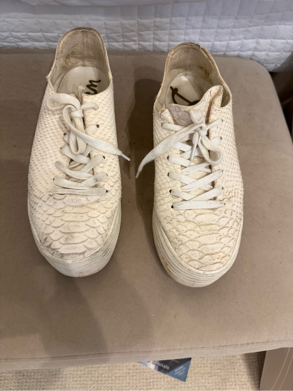 Sam Edelman Cream Textured Platform Lace-Up Sneakers